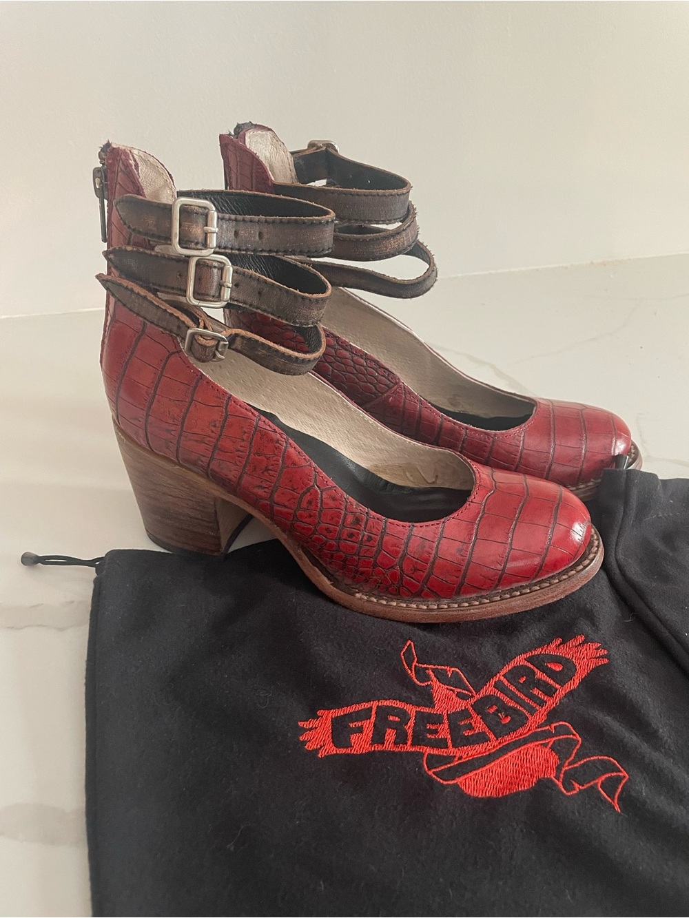 freebird Red Croc-Embossed Mary Jane Heels with Brown Double Ankle Straps